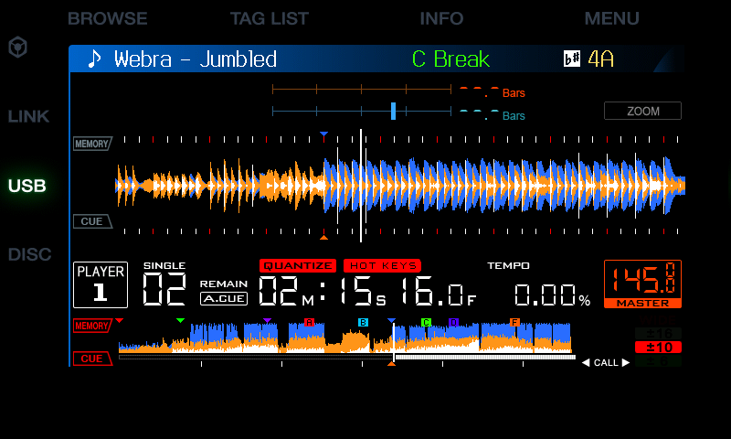 Modded screen: wide 3-band waveform, coloured cues and hot cues, HOT KEYS, key in colour, BPM to two decimals