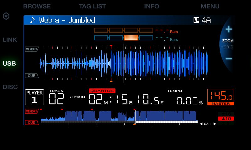 Stock CDJ-900NXS screen: blue waveform, red memory cues