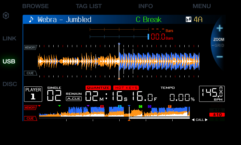 Modded screen: 3-band waveform, coloured cues and hot cues, HOT KEYS, key in colour, BPM to two decimals