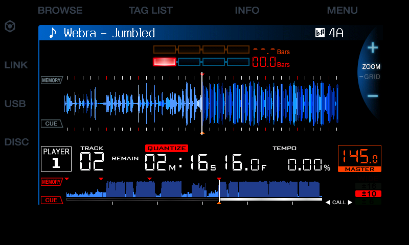 Stock CDJ-900NXS screen: blue waveform, red memory cues