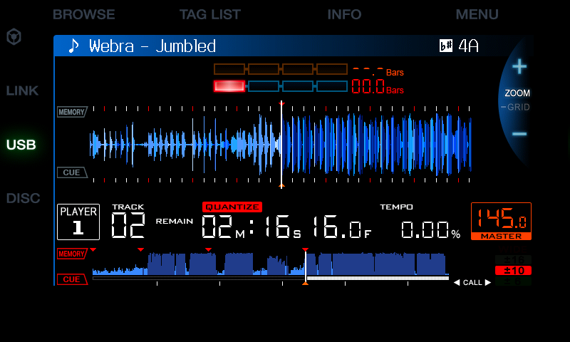 Stock CDJ-900NXS screen: blue waveform, red memory cues
