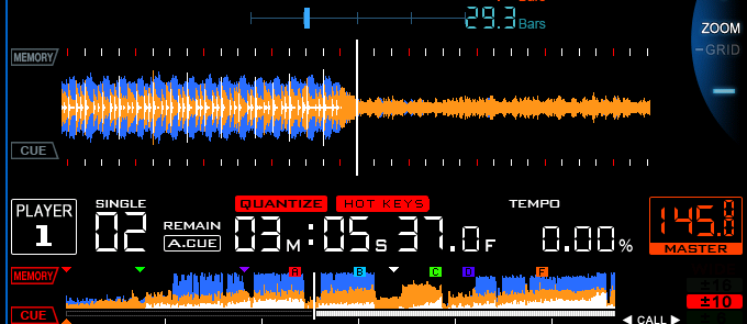 Scrolling waveform in three bands: blue lows, amber mids, white highs