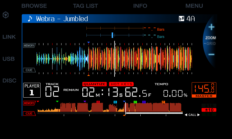 Modded screen: RGB waveform, coloured cues, hot cues A to F, HOT KEYS box