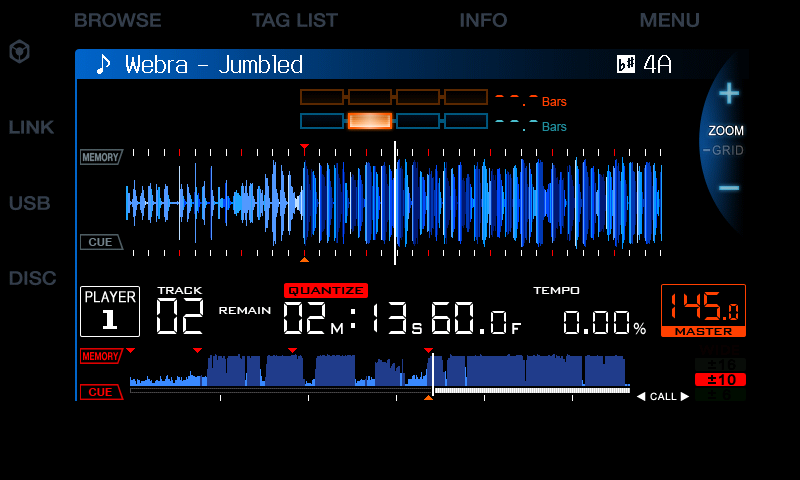 Stock CDJ-900NXS screen: blue waveform, red memory cues, no hot cues